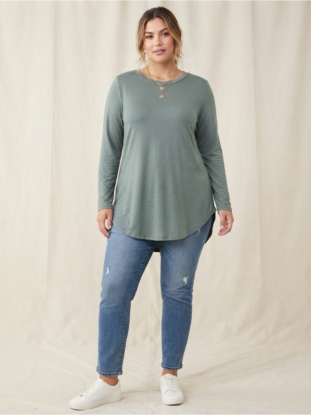 NWOT Zenana Heathered Sage Green Slate Long Sleeve Curved Hem Tunic Plus XL